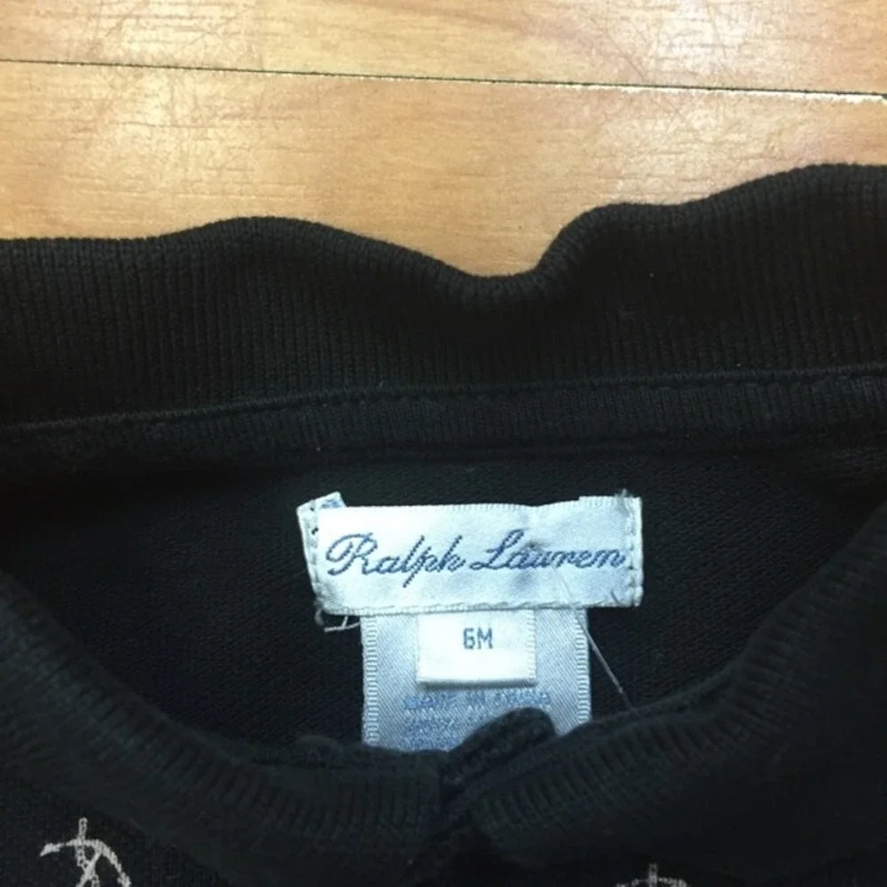 Ralph‎ Lauren Boys Romper Size 6 Months Black Pique Long Sleeve Polo Anchors Tan